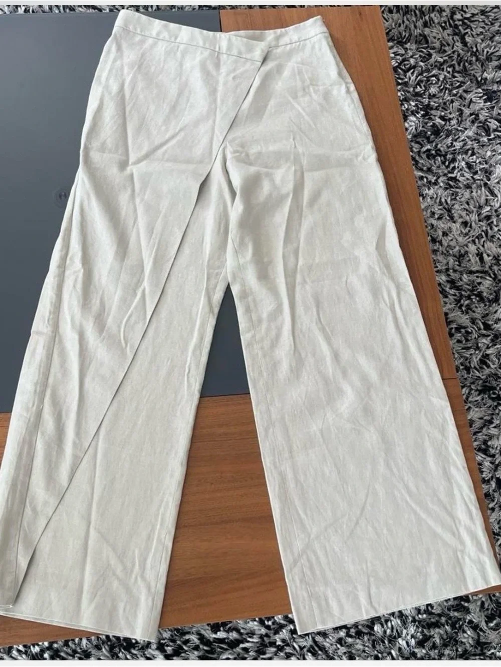 Zara Pareo Wrap-Front Wide Leg Linen Pants in Light Beige